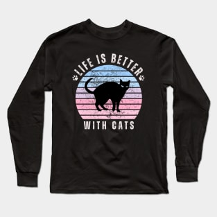 Life is better with cats pink retro sunset background Long Sleeve T-Shirt